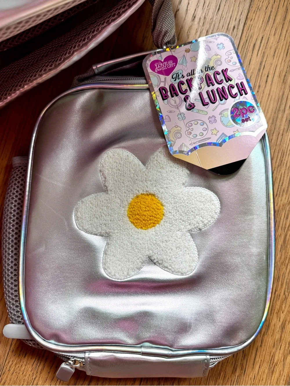Iridescent Silver Girls Backpack with Daisy Appliqués